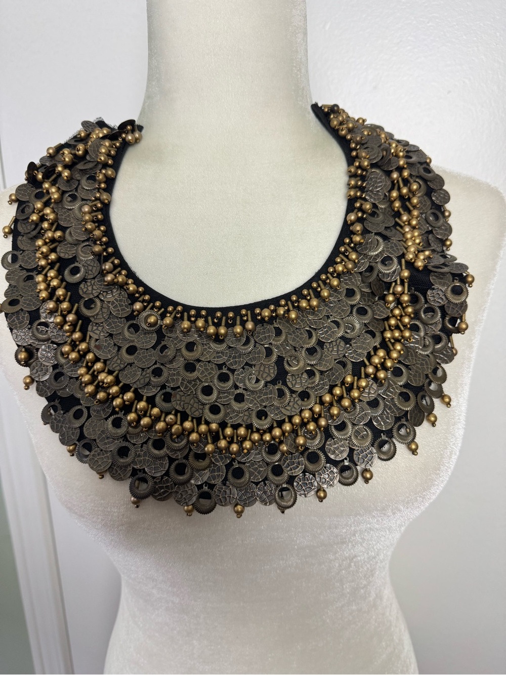 Vintage Simon Chang Statement Coin Bib Necklace in Black Gold Ribbon Closure